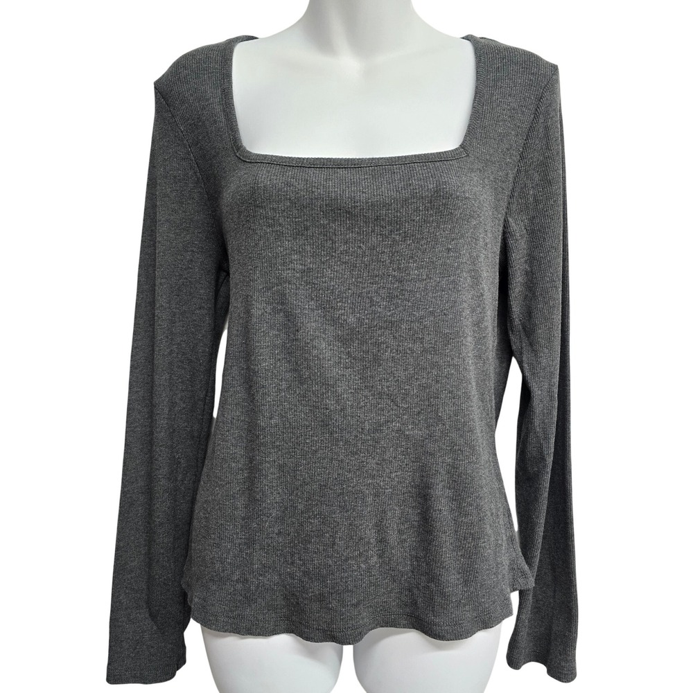 Dip Womens XL Gray Ribbed Knit Square Neck Long Sleeve Top Cotton Modal Blend